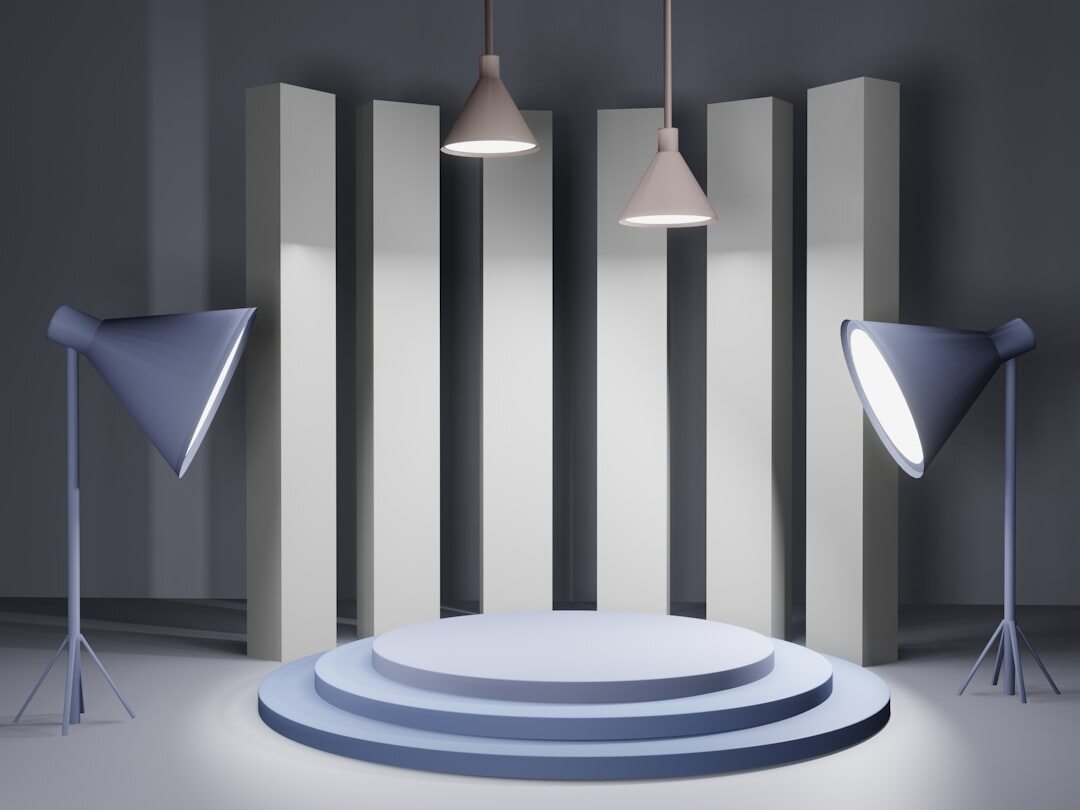 Empty awards show stage with dramatic spotlights
